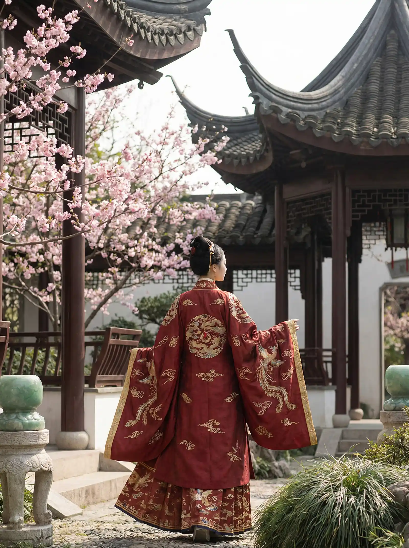 日立投影机灯泡 明制汉服红色凤凰刺绣
